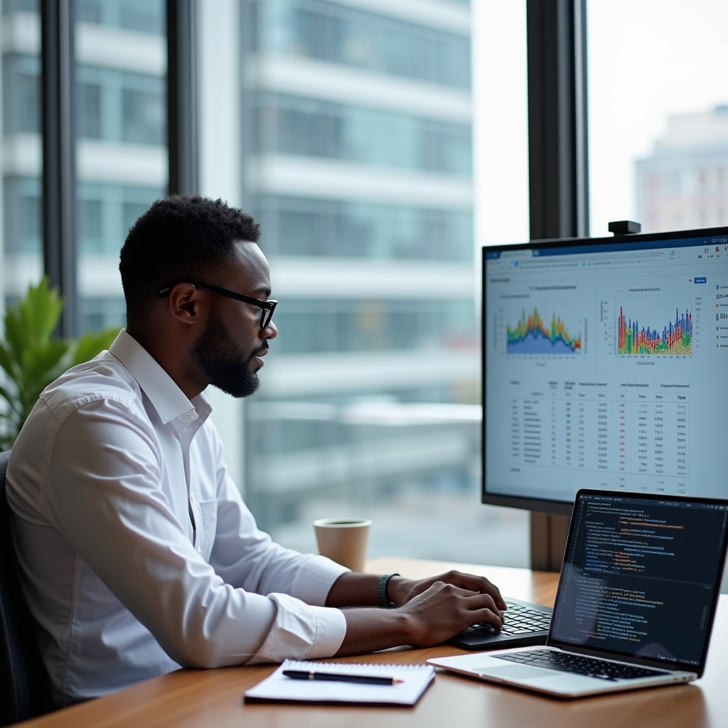 Data analyst reviewing Chrome User Experience Report data on a large monitor in a modern office